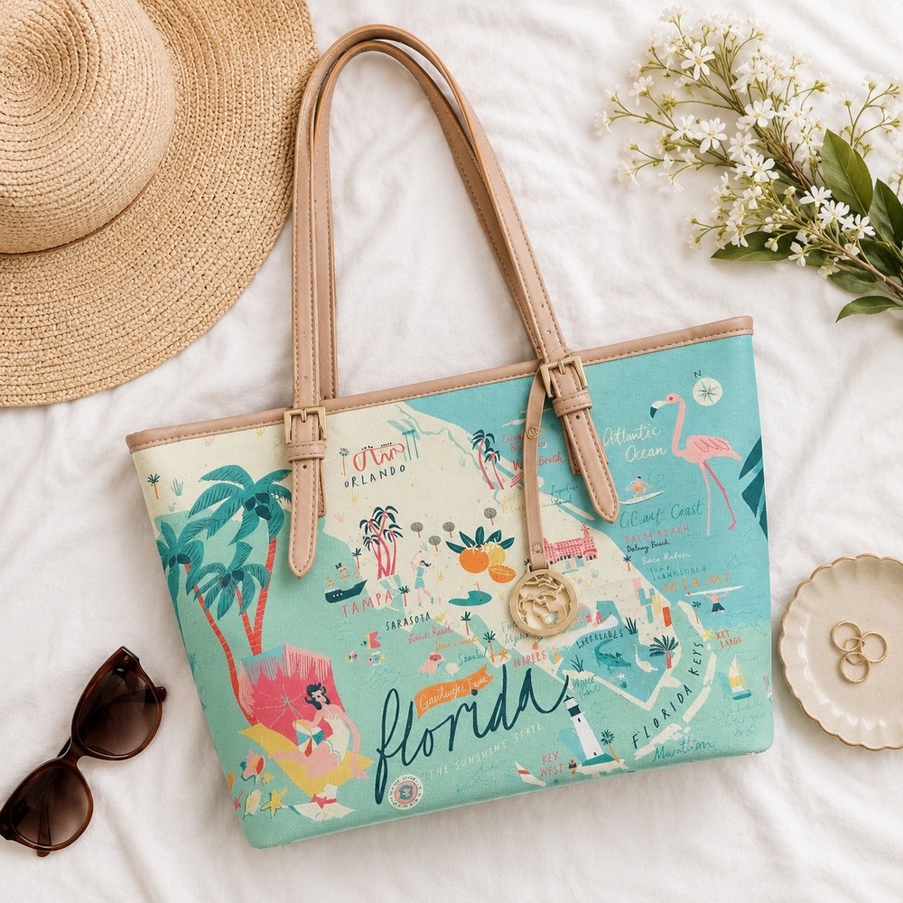 Spartina 449 Florida Map Tote Bag Teal Pink Illustrated Sunshine State Purse